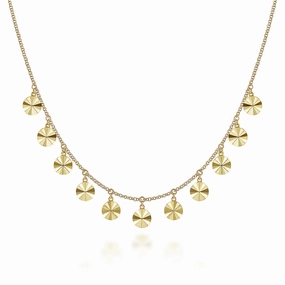 14K Yellow Gold Diamond Cut Disc Drops Necklace Elite Highlight