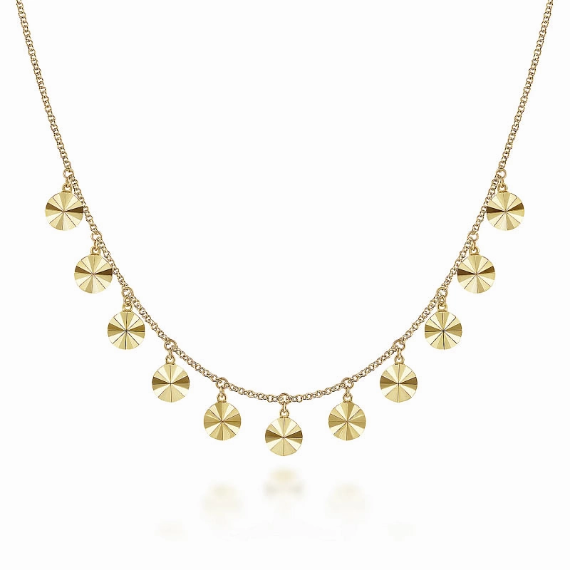 14K Yellow Gold Diamond Cut Disc Drops Necklace Elite Highlight