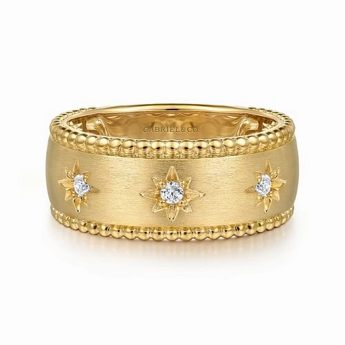 14K Yellow Gold Diamond Wide Bujukan Band Ladies Ring Unique Shape Subtle Touch