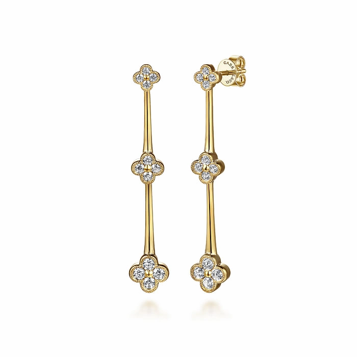 14K Yellow Gold Graduating Diamond Cluster Stud Drop Earrings Sophisticated Detail Casual Spark
