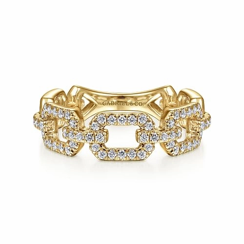 14K Yellow Gold Pave Diamond Chain Link Stackable Ring Band Glam Appeal Soft Spark