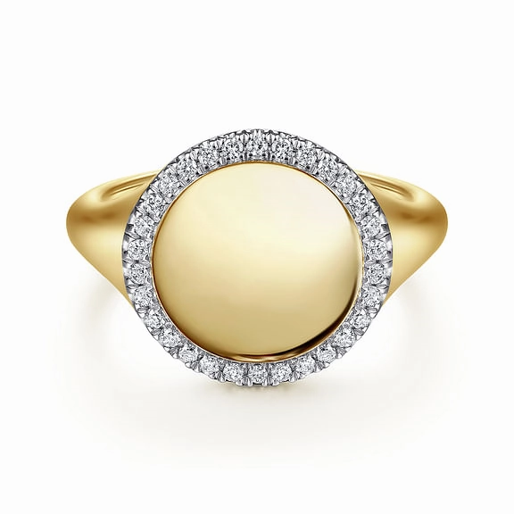 14K Yellow Gold Pinky Signet Ring with Diamond Halo Layered Finish
