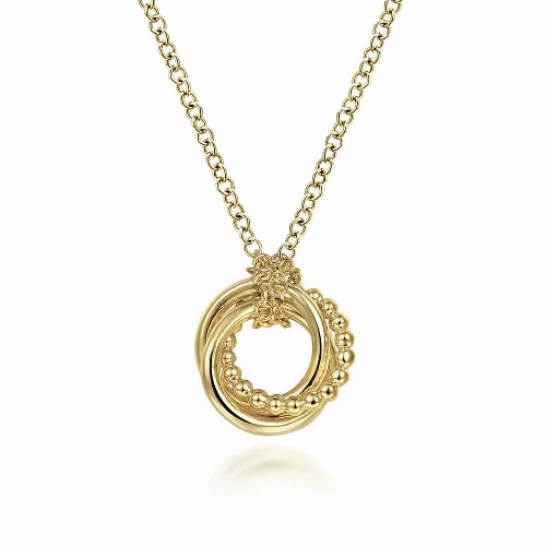Everyday Spark 14K Yellow Gold Plain and Bujukan Beaded Interlocking Circles Pendant Necklace