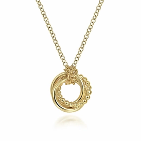 Everyday Spark 14K Yellow Gold Plain and Bujukan Beaded Interlocking Circles Pendant Necklace