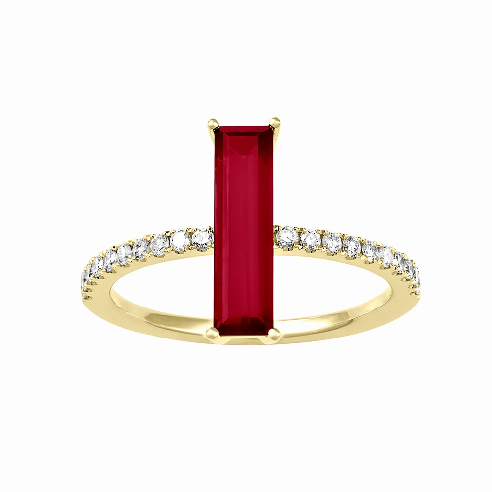 14K yellow gold ring featuring an elongated baguette Chatham lab grown ruby and Chatham lab grown diamond accents. Bold Craft Artful Touch