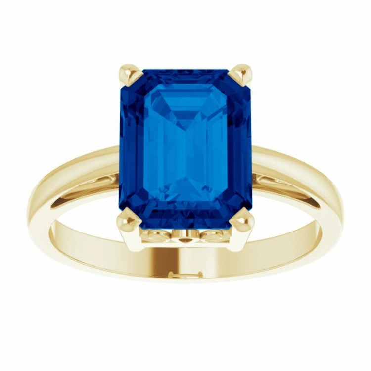 14K Yellow Lab-Grown Blue Sapphire Scroll Setting? Ring Warm Gift