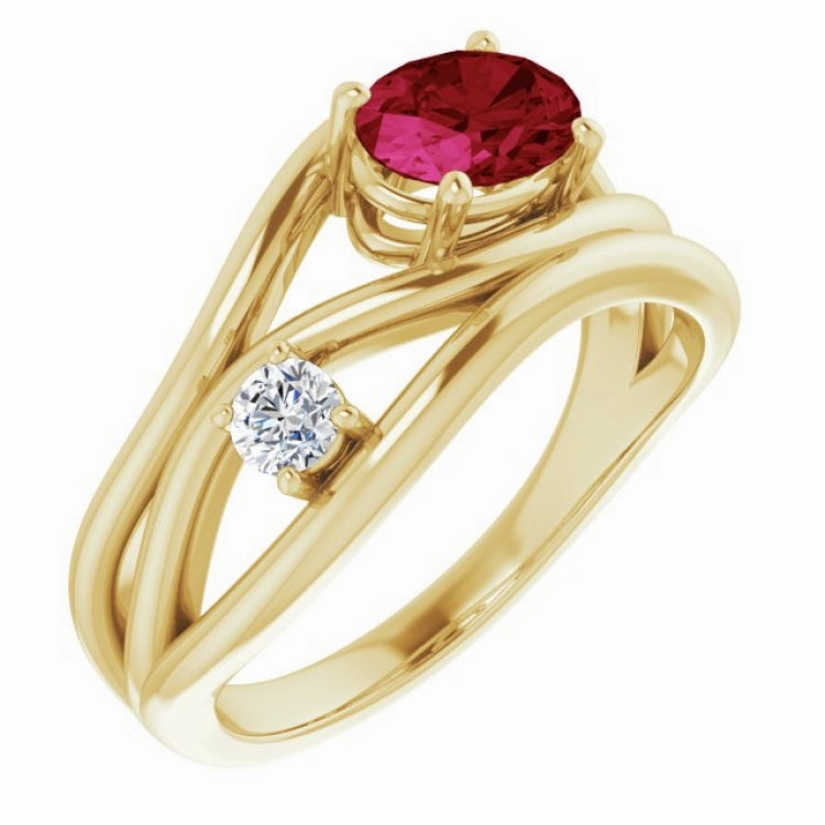 14K Yellow Lab-Grown Ruby & 1/10 CTW Natural Diamond Ring Traditional Creation