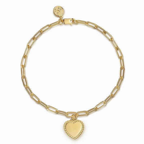 14K Yellow Plain Gold Paperclip Bracelet with Personalizable Bujukan Heart Charm Shiny look