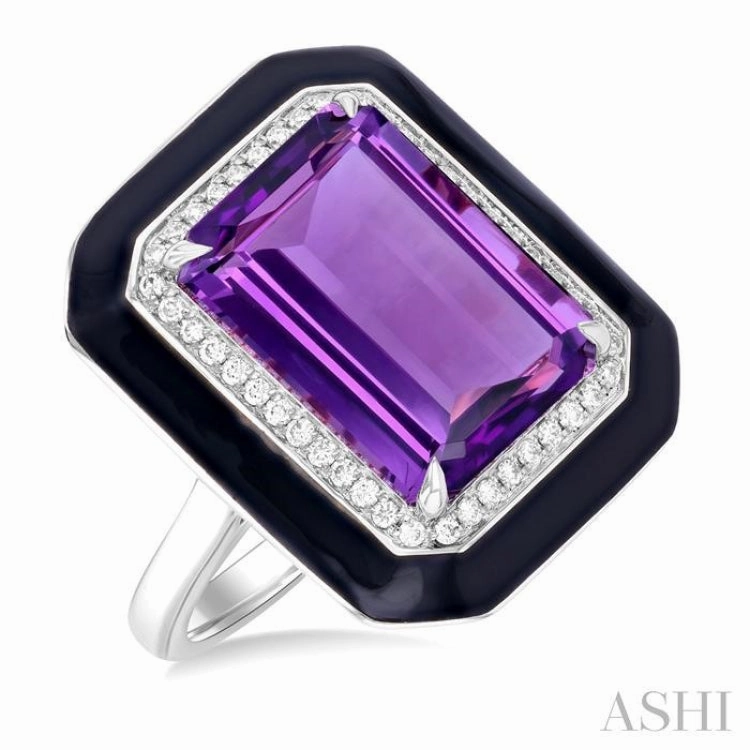 14x10 MM Emerald Cut Amethyst and 1/5 Ctw Round Cut Diamond Halo & Black Enamel Border Semi-Precious Ring in 14K White Gold Casual Flow