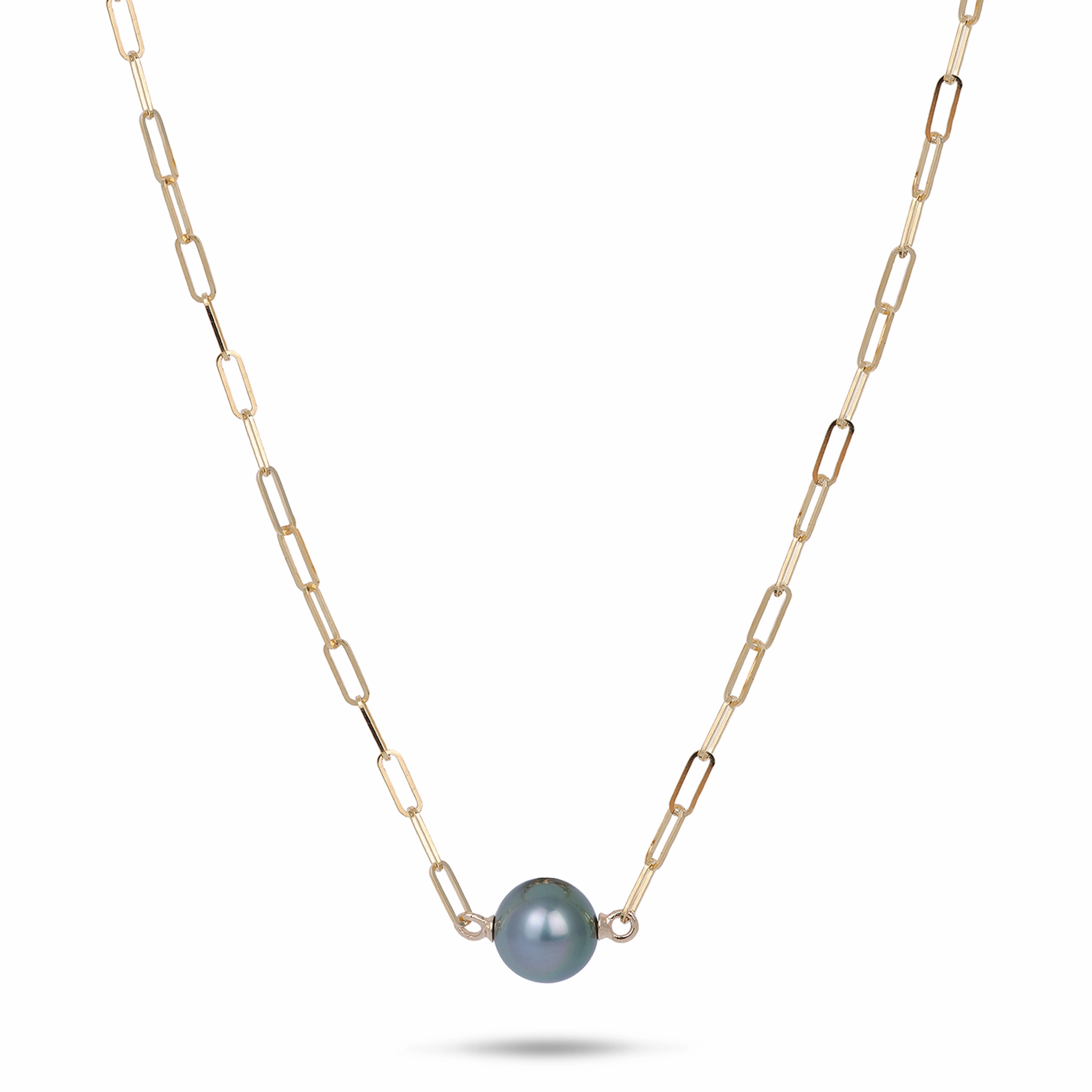 Sleek Charm 16-17" Tahitian Black Pearl Paperclip Chain Necklace in Gold - 10-11mm