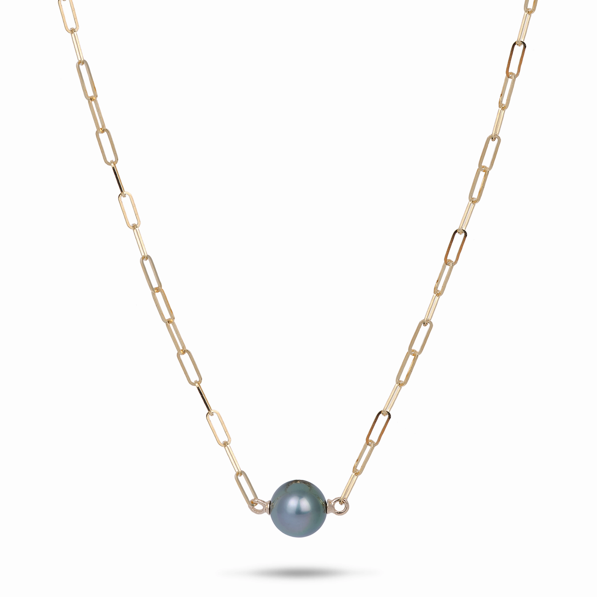 16-17" Tahitian Black Pearl Paperclip Chain Necklace in Gold - 10-11mm Premium Detail Luminous Look