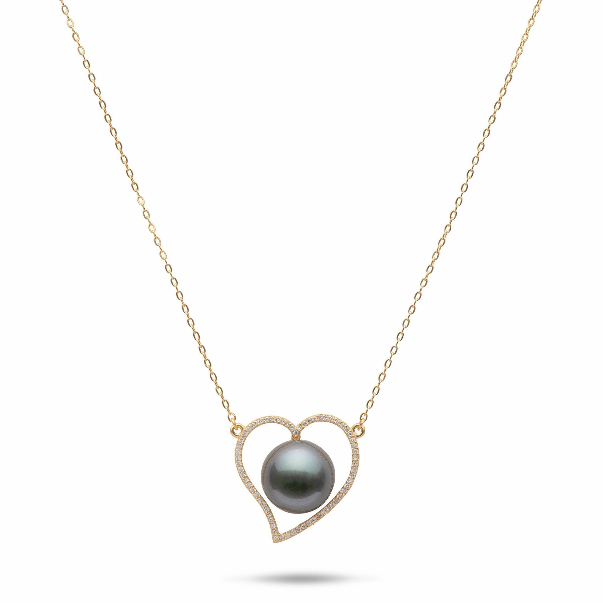 16" Tahitian Black Pearl Heart Necklace in Gold - 12-13mm Bridal Look Luxury Shape