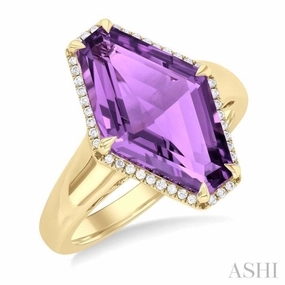 16x10 MM Hexagon Shape Amethyst and 1/10 Ctw Round Cut Diamond Halo Semi-Precious Ring in 14K Yellow Gold Lightweight Decoration Modern Statement