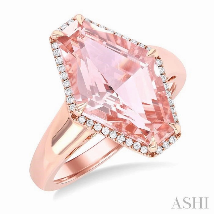 Hand Wash Only Eternal Product 16x10 MM Hexagon Shape Morganite and 1/10 Ctw Round Cut Diamond Halo Semi-Precious Ring in 14K Rose Gold