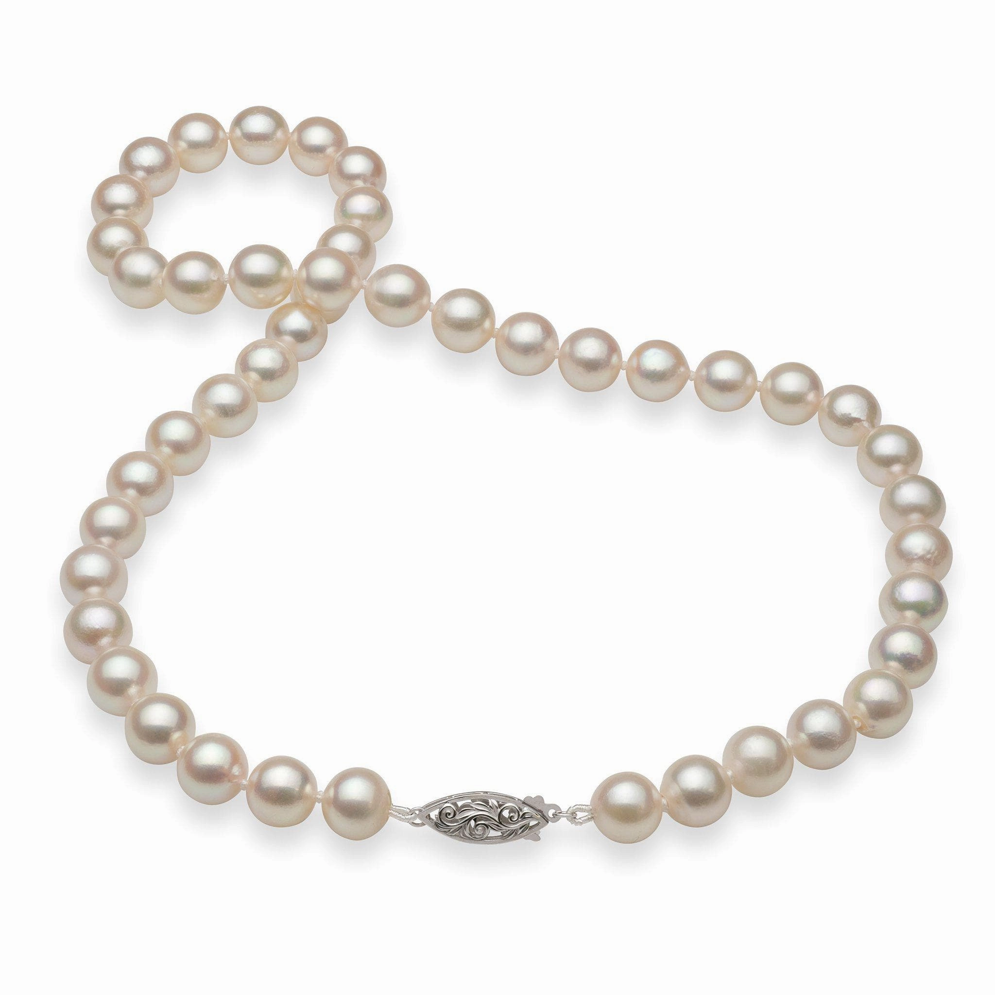 Elegant Accent Handcrafted Design Shine 17-19" Akoya White Pearl Strand with White Gold Clasp - 8.5-9.5mm