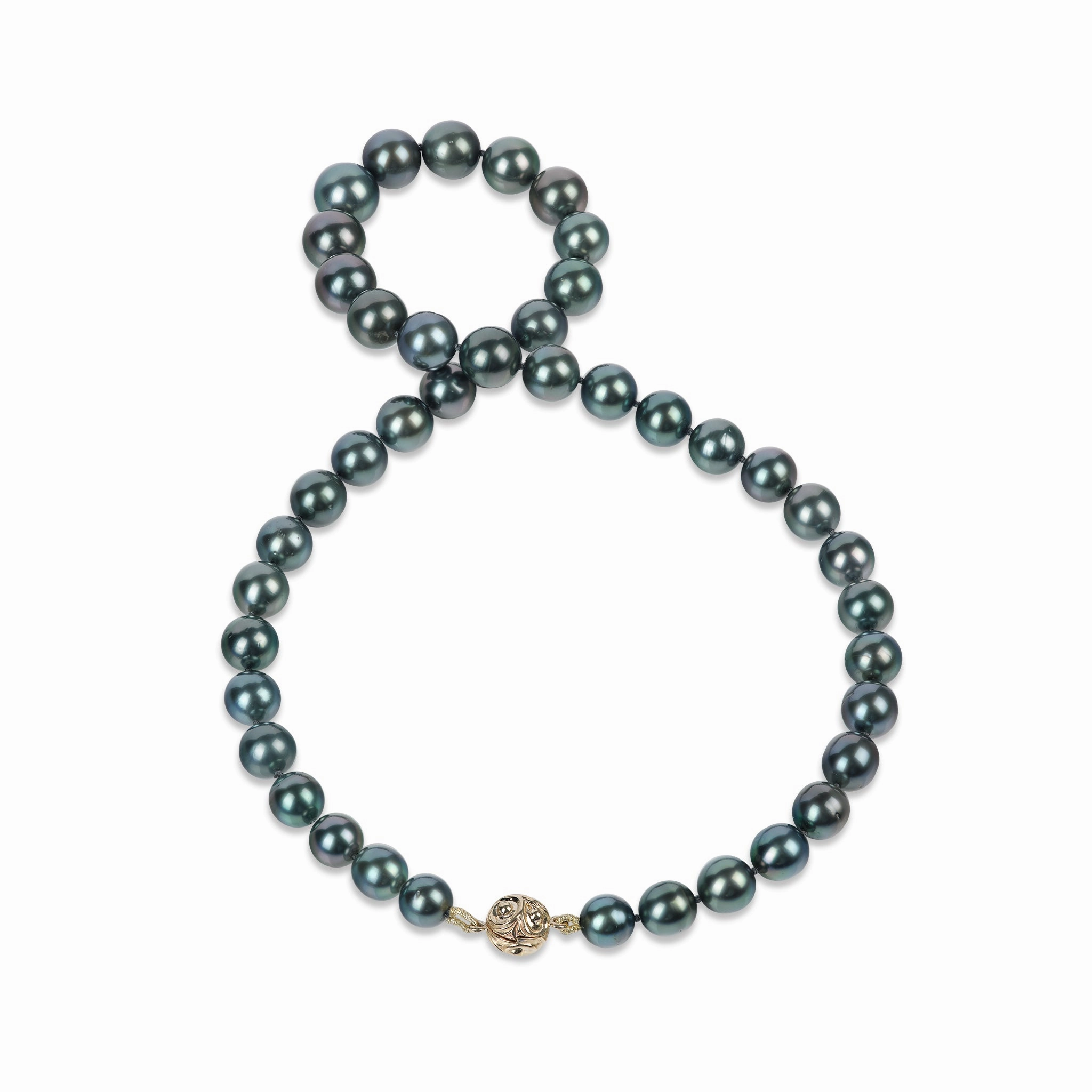 17-19" Tahitian Black Pearl Strand with Magnetic Gold Clasp - 8-11mm Elegant Detailing Striking Detail