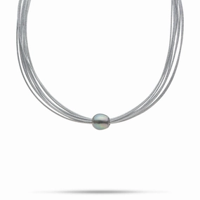 18" Tahitian Black Pearl Necklace in Stainless Steel - 12-14mm Cool Accent Layered Finish