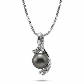 Signature Feature Evening Accessory 18" Tahitian Black Pearl Pendant Necklace in White Gold with Diamonds - 10-11mm