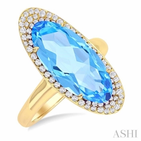 18x8 MM Oval Cut Blue Topaz and 1/3 Ctw Round Cut Diamond Halo Semi-Precious Ring in 14K Yellow Gold Mass produced