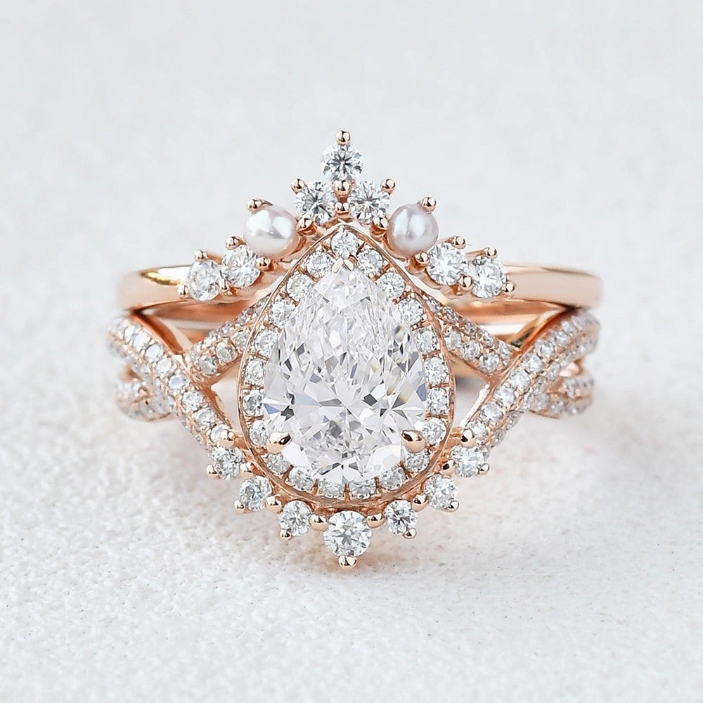 1.0-2.0 Pear Cut Lab Grown Diamond Infinity Halo Ring Set 2pcs - Katherine Premium Expression