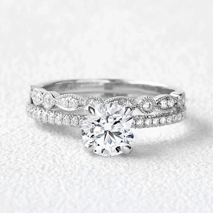 Daily Wear Elegant Trinket 1.0-2.0ct Round Lab Grown Diamond Classic 4-Prong Solitaire Ring Sets 2PCS