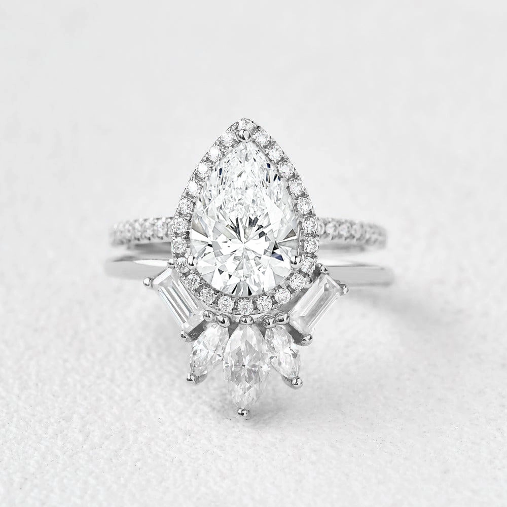 Branded Product 1.0ct Halo Pear Lab Grown Diamond Baguette Ring Set 2pcs