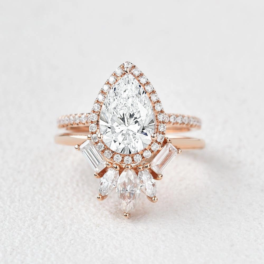 1.0ct Halo Pear Lab Grown Diamond Baguette Ring Set 2pcs Artisan Expression Secure Article