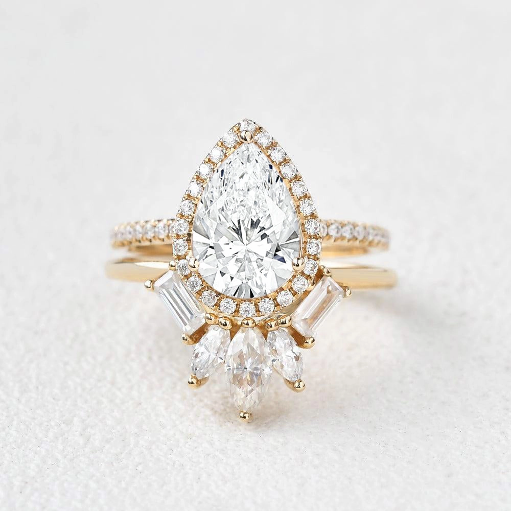 Classic Present 1.0ct Halo Pear Lab Grown Diamond Baguette Ring Set 2pcs