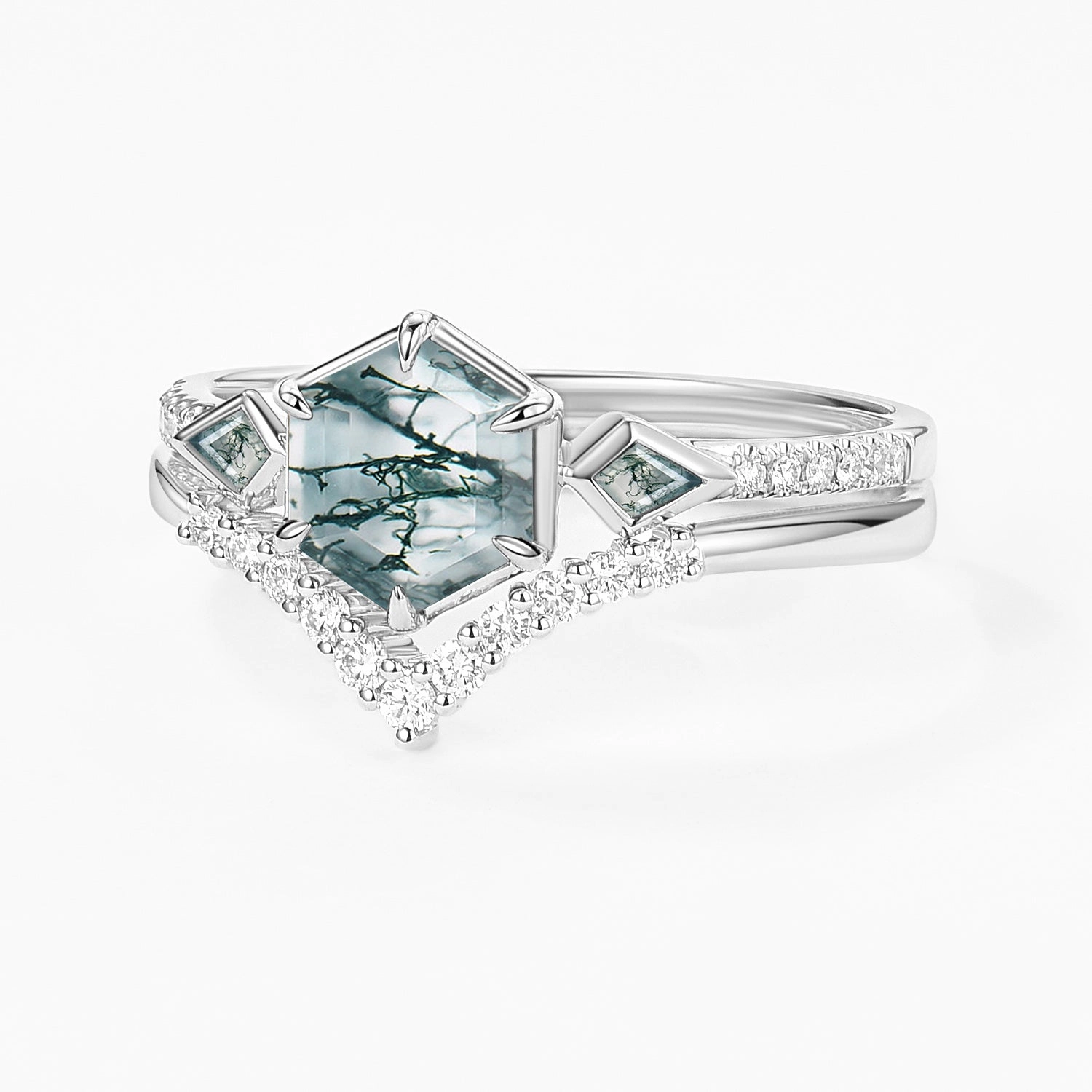 Unique Keepsake 1.0ct Hexagon Moss Agate Geometric Cluster Engagement Ring Set 2pcs
