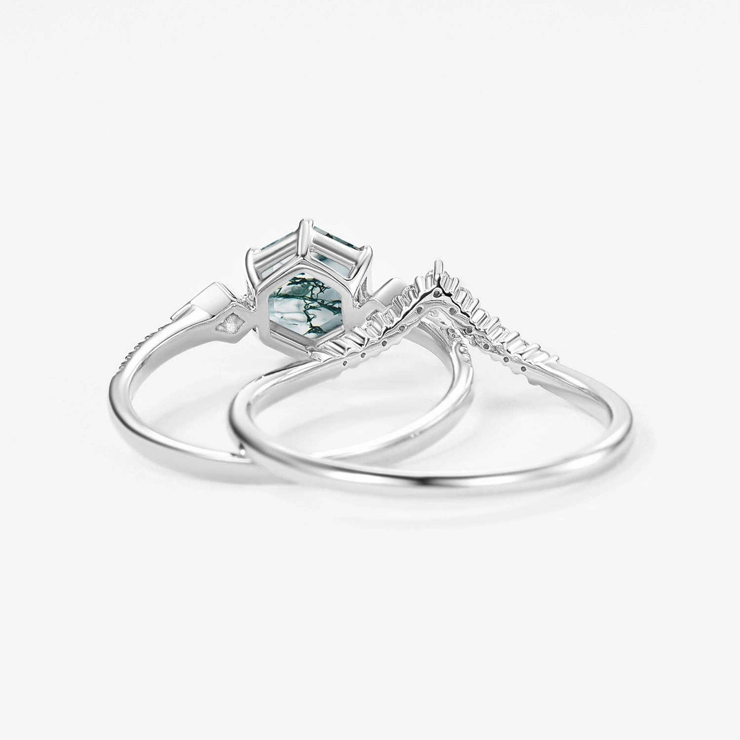 Minimal Chic 1.0ct Hexagon Moss Agate Geometric Cluster Engagement Ring Set 2pcs