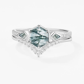 Gift Appeal 1.0ct Hexagon Moss Agate Geometric Cluster Engagement Ring Set 2pcs