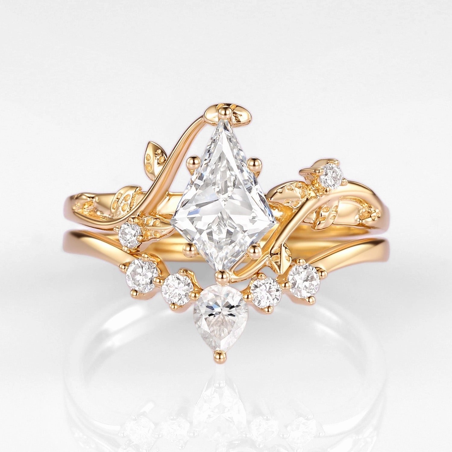 Polished Appearance 1.0ct Kite Lab Grown Diamond Leafy Ring Set 2pcs - Willow