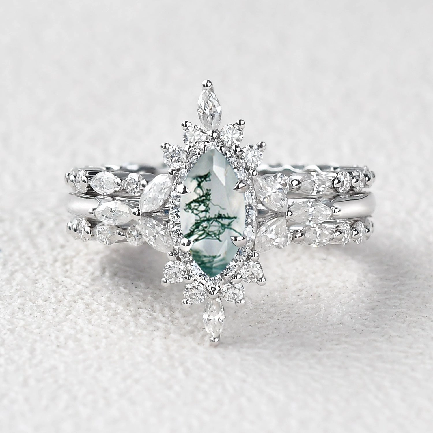 1.0ct Marquise Cut Moss Agate Cluster Vintage Ring Set 3pcs Birthday gift Iconic Touch