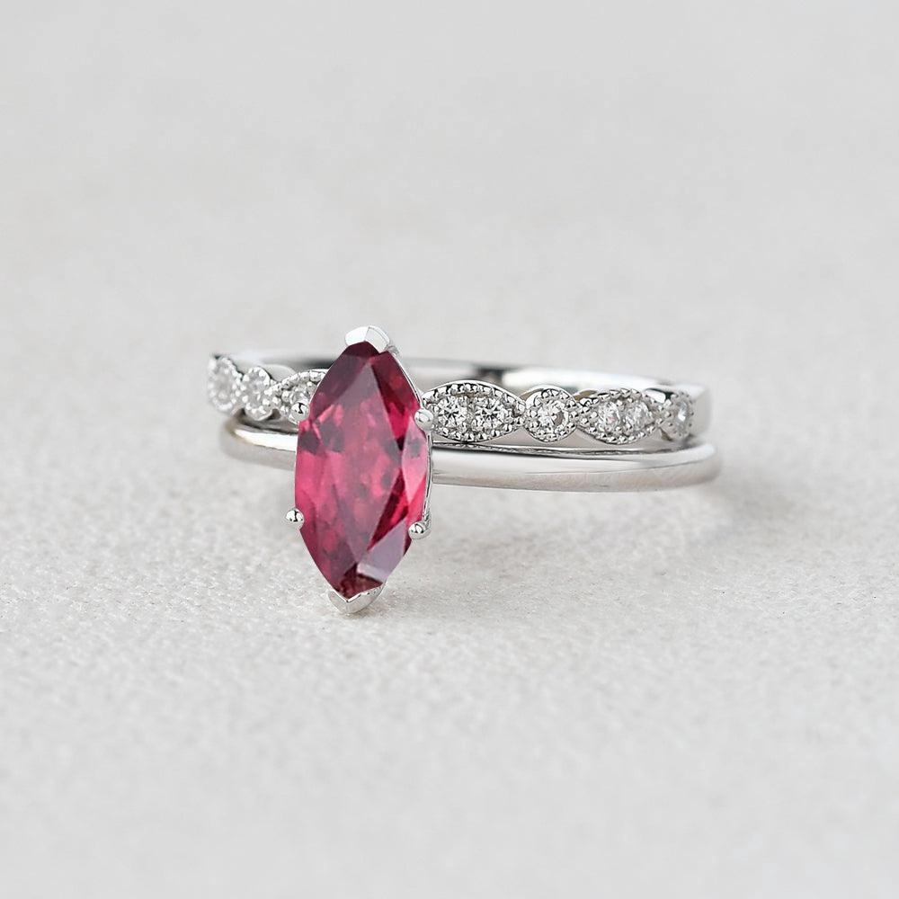 Minimalist Aesthetic 1.0ct Marquise Ruby Vintage Solitaire Ring Set 2pcs