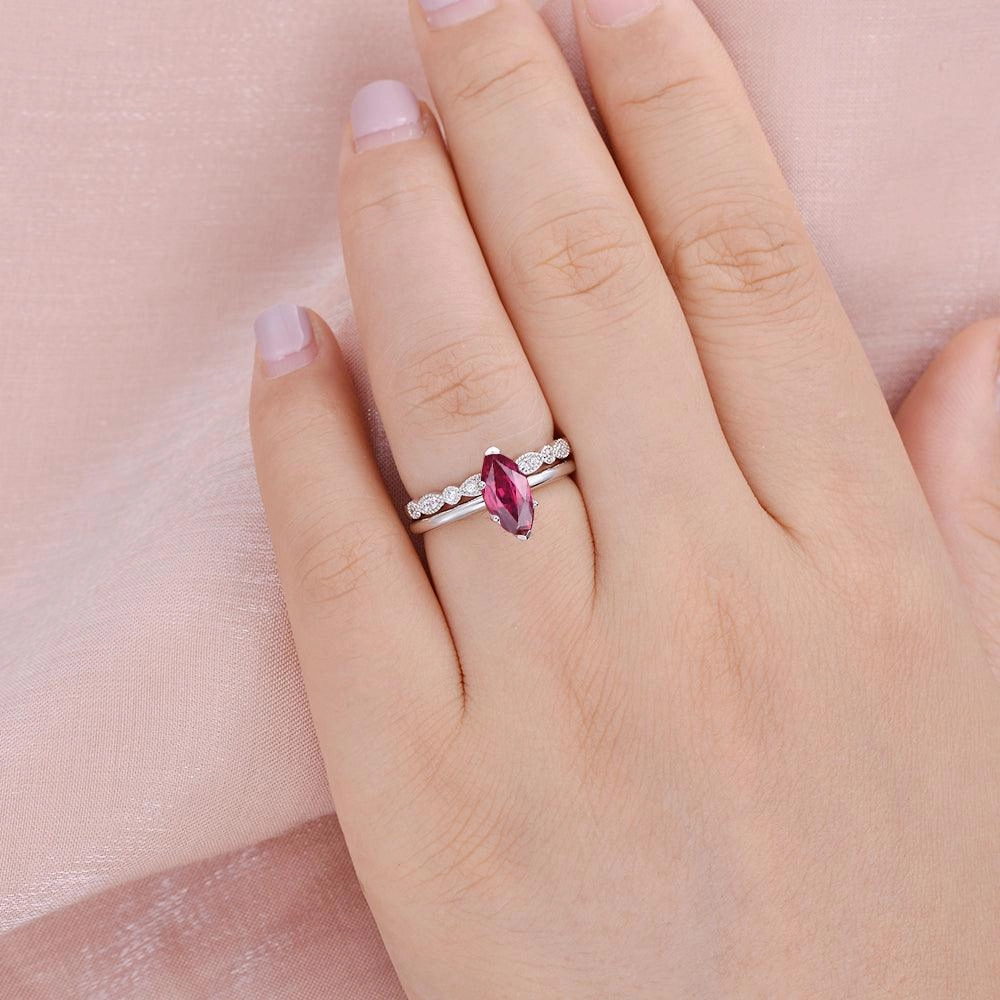 1.0ct Marquise Ruby Vintage Solitaire Ring Set 2pcs Romantic Feel Effortless Look