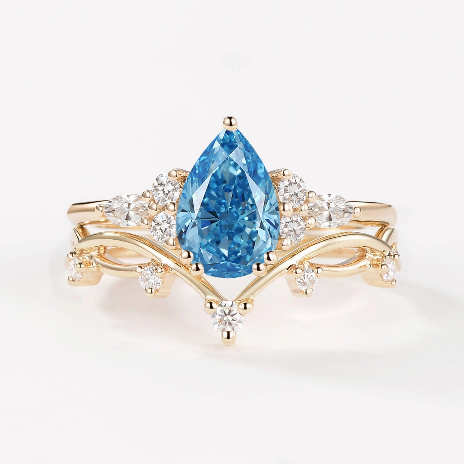 Gentle Design Artistic Shape 1.0ct Pear Blue Lab Grown Diamond Leafy Ring Set 2pcs