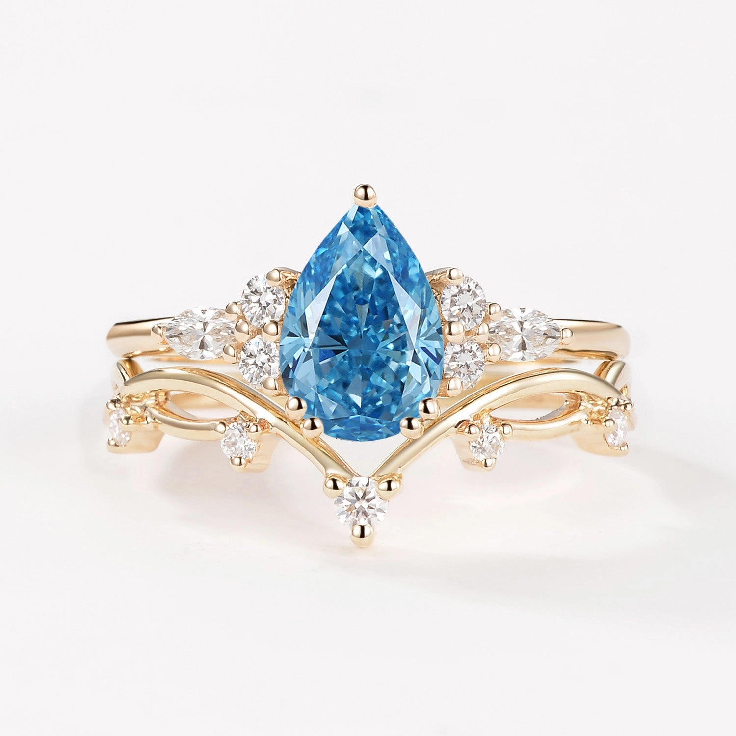 Surprise Gift 1.0ct Pear Blue Lab Grown Diamond Leafy Ring Set 2pcs