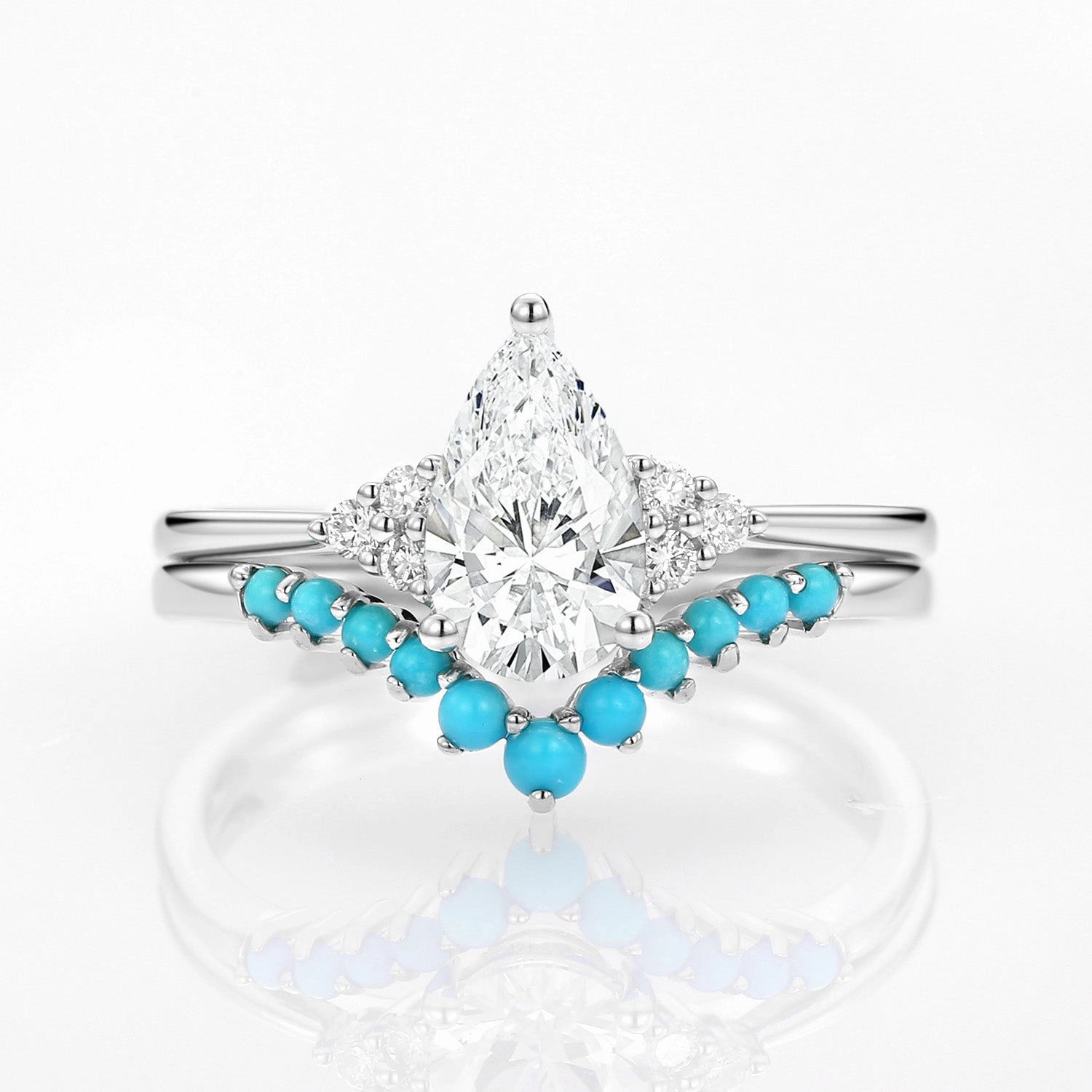 All Year Ready to Wear 1.0ct Pear Lab Grown Diamond Classic Turquoise Ring Set 2pcs