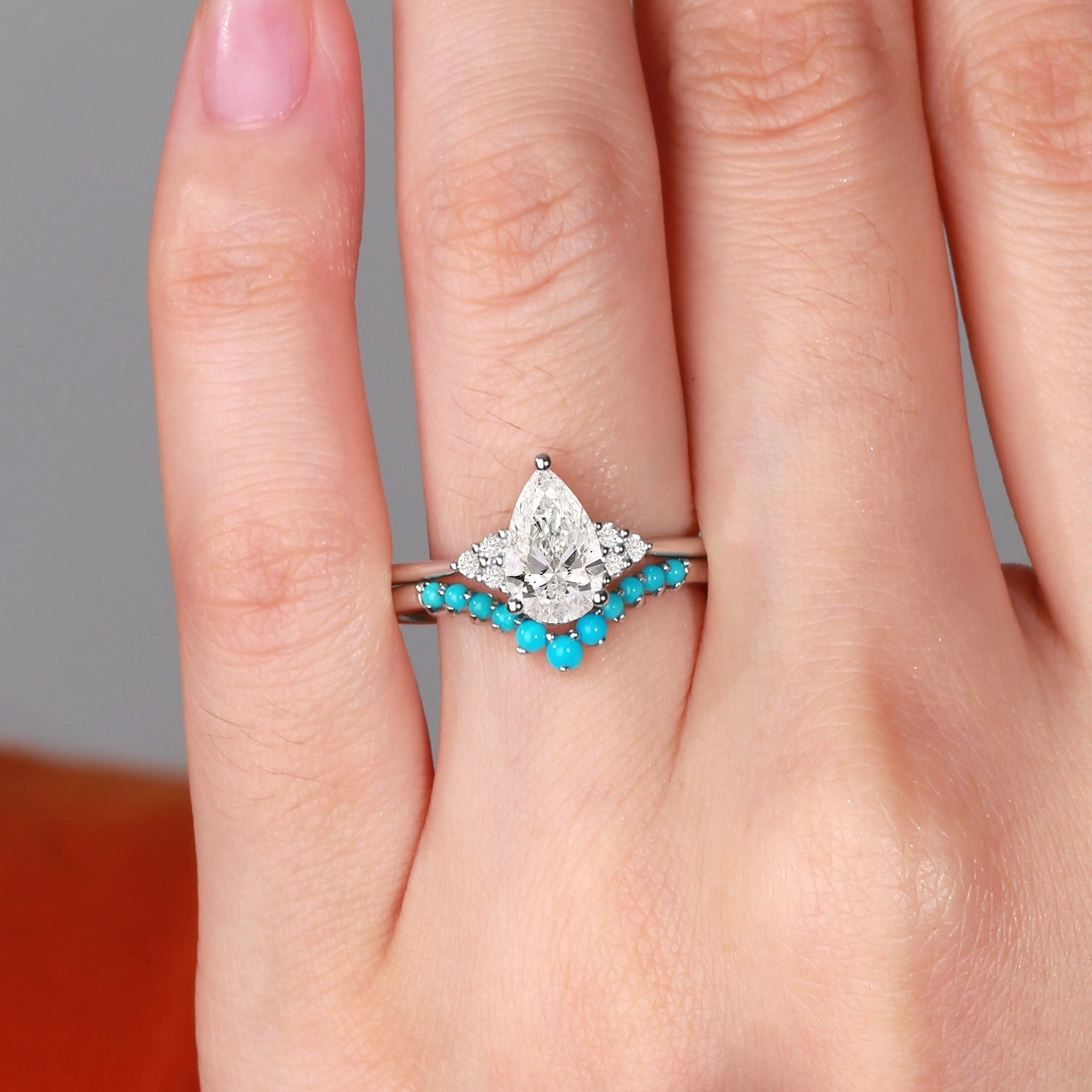 1.0ct Pear Lab Grown Diamond Classic Turquoise Ring Set 2pcs Fine Craft