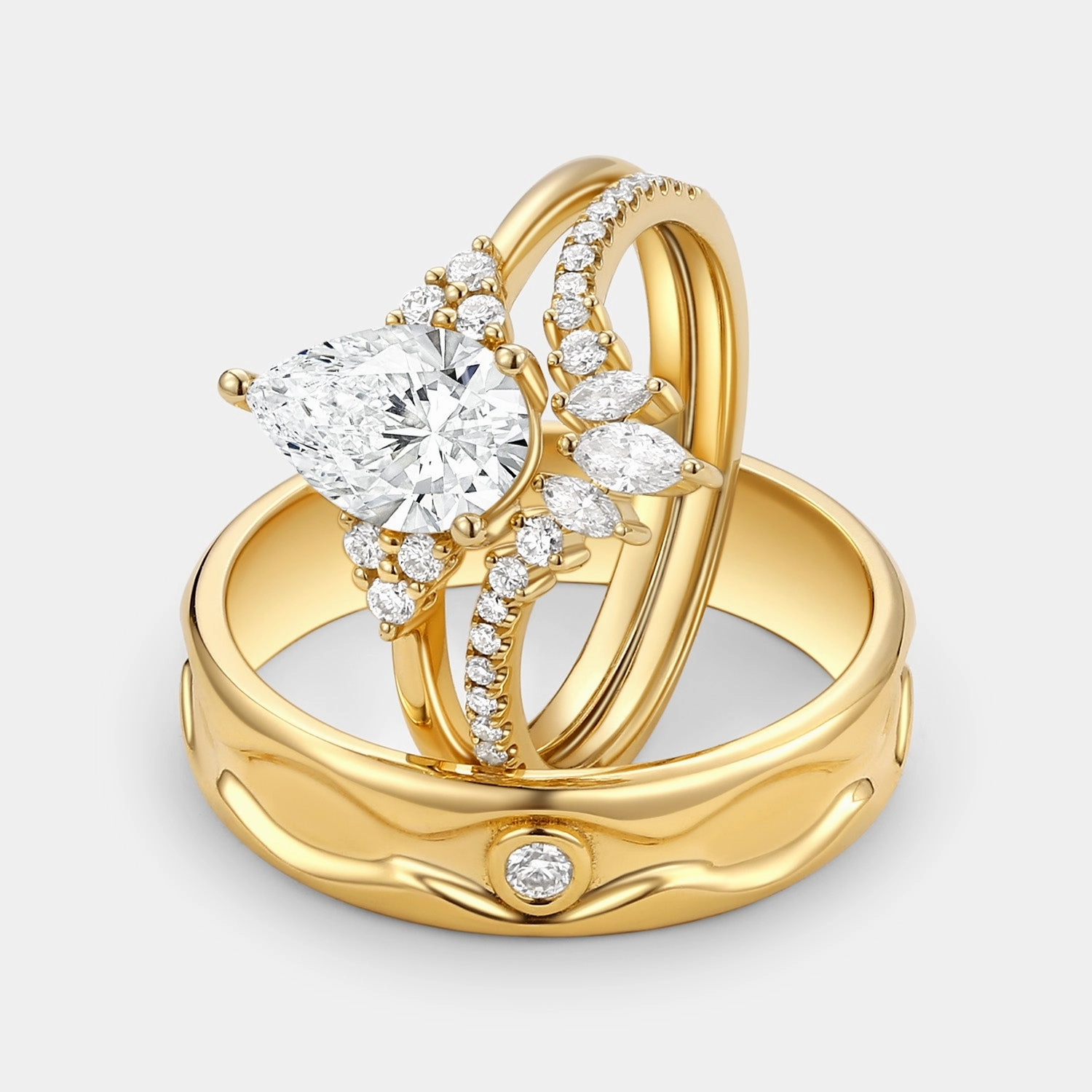 1.0ct Pear Lab Grown Diamond Couple Ring Set 3pcs - Lydia Romantic Art Bold Keepsake