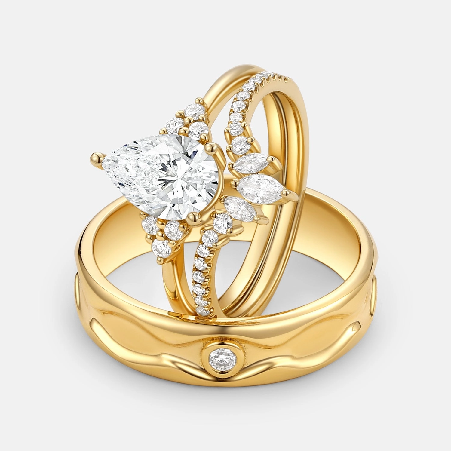 1.0ct Pear Lab Grown Diamond Couple Ring Set 3pcs - Lydia Luxury Decoration Printed Image