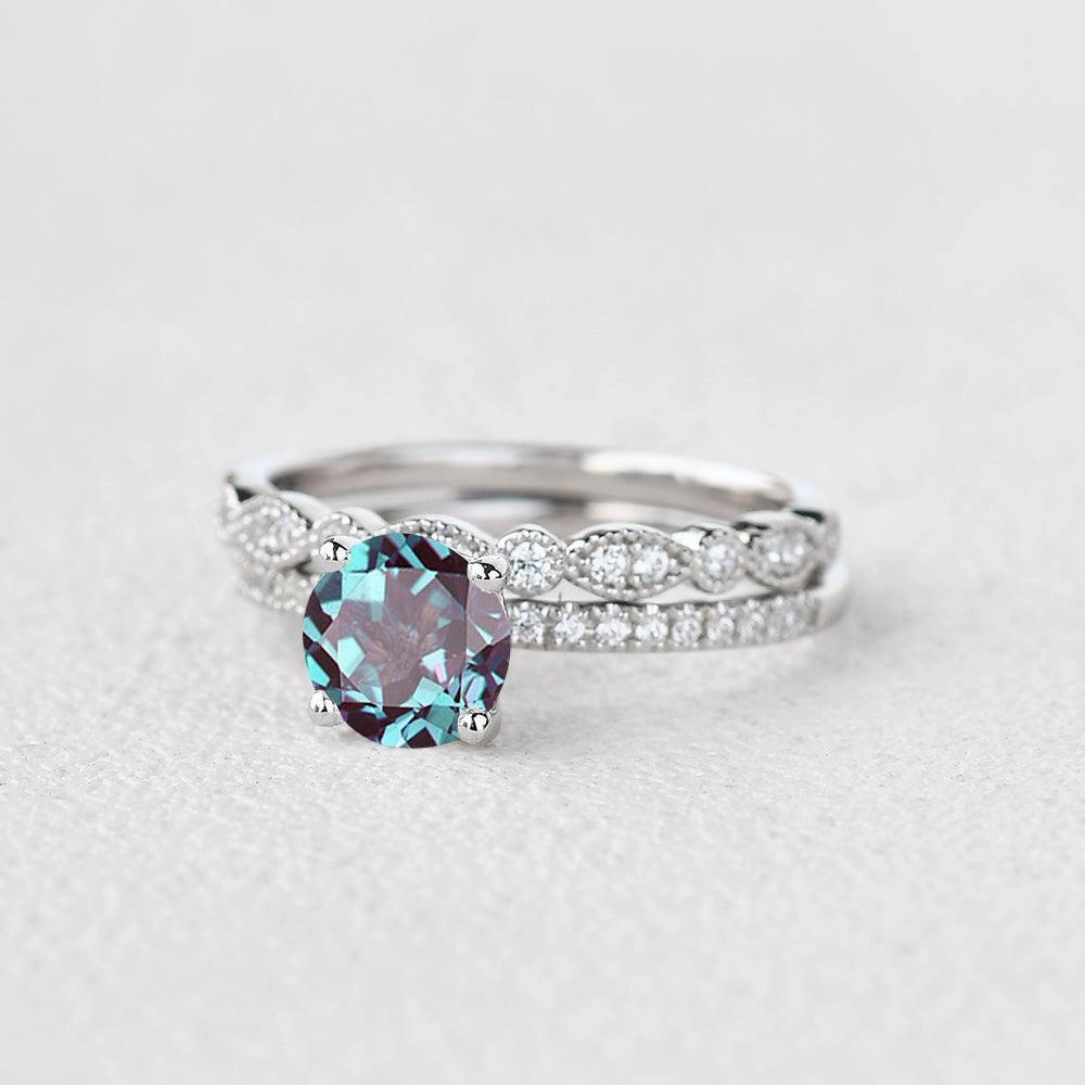 1.0ct Round Alexandrite Pave Vintage Solitaire Ring Set 2pcs Delicate Object