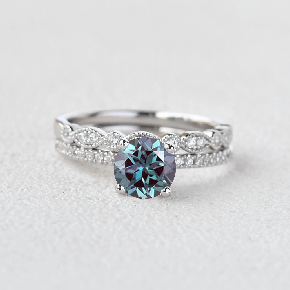 1.0ct Round Alexandrite Pave Vintage Solitaire Ring Set 2pcs Timeless Product Wonderful Object