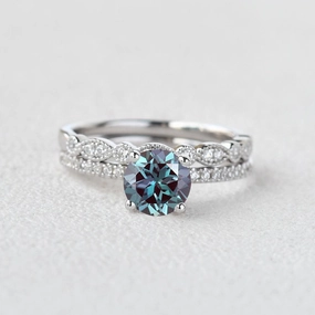 1.0ct Round Alexandrite Pave Vintage Solitaire Ring Set 2pcs Timeless Product Wonderful Object