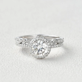 Premium Shine Luxe Moment 1.0ct Round Cut Moissanite Vintage Inspired Halo White Gold Ring Set 2pcs