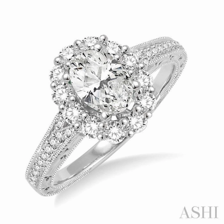 1 1/6 ctw Diamond Engagement Ring with 5/8 ct Oval Cut Center Stone in 14K White Gold Trendy Embellishment