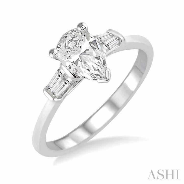 Excellent Design 1/2 Ctw Baguette and Pear Cut Diamond Ladies Engagement Ring with 1/3 Ct Pear Cut Center Stone in 14K White Gold