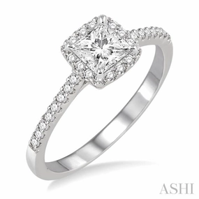 Soft Texture Fashion highlight 1/2 Ctw Diamond Engagement Ring with 1/4 Ct Princess Cut Center Stone in 14K White Gold