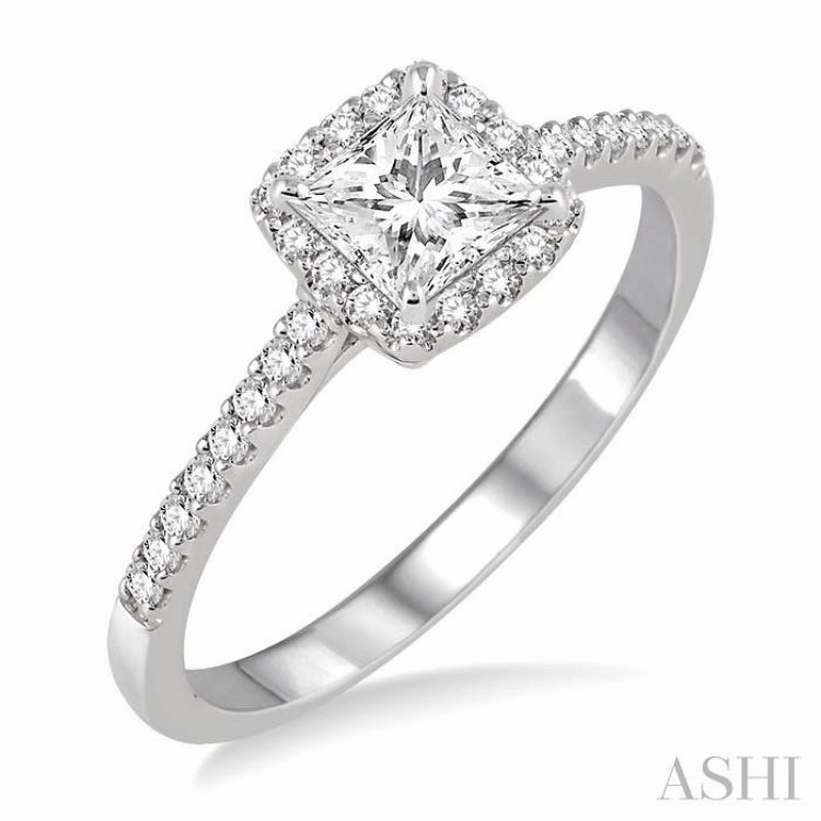 Soft Texture Fashion highlight 1/2 Ctw Diamond Engagement Ring with 1/4 Ct Princess Cut Center Stone in 14K White Gold