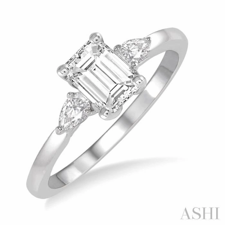 Shining Accent 1/2 Ctw Octagon Emerald and Pear Cut Diamond Ladies Engagement Ring with 1/3 Ct Emerald Cut Center Stone in 14K White Gold